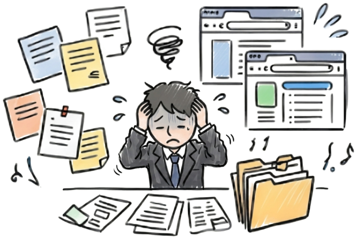 書類や画面に追われるひとり社長のイメージ