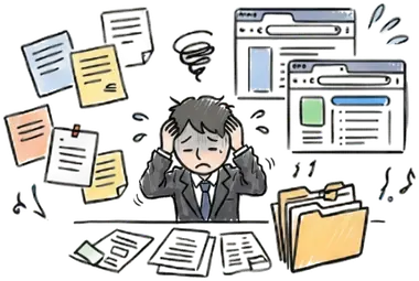書類や画面に追われるひとり社長のイメージ